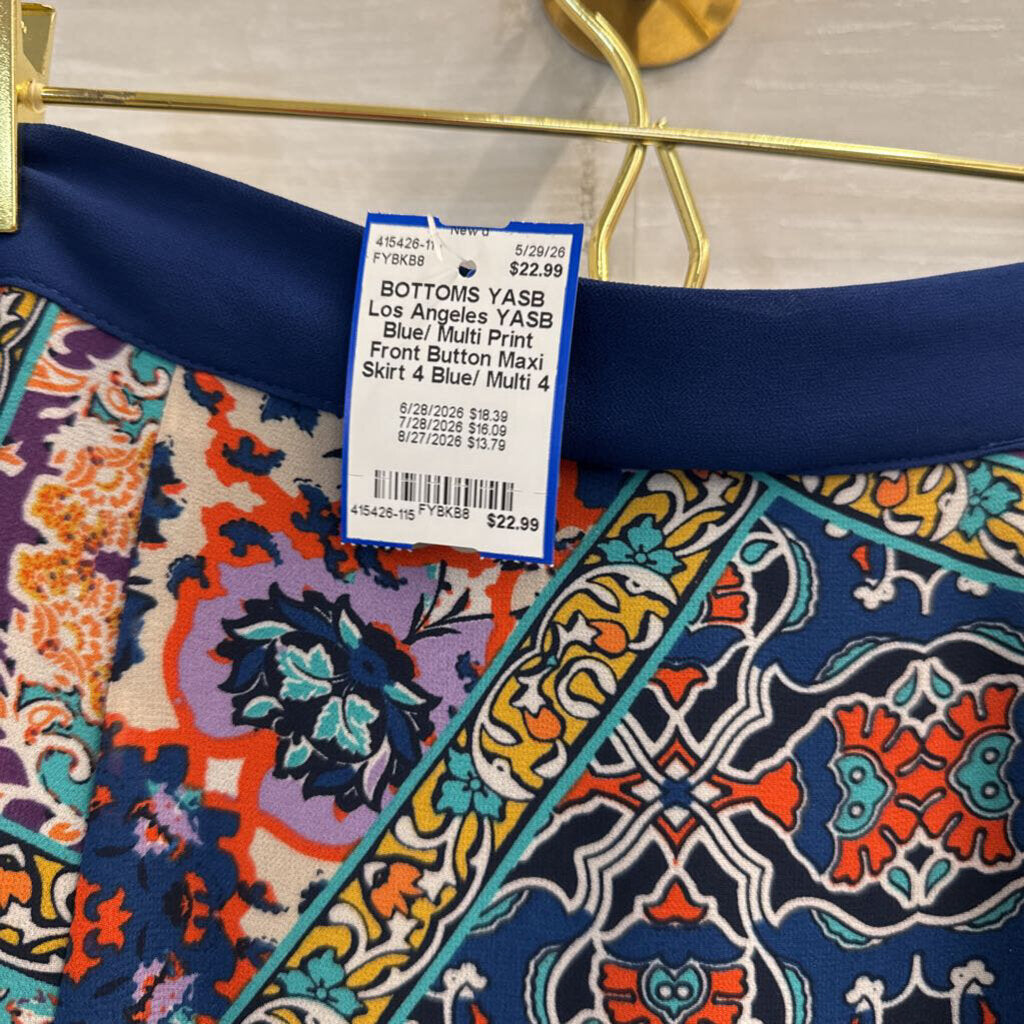 YASB Blue/ Multi Print Front Button Maxi Skirt 4