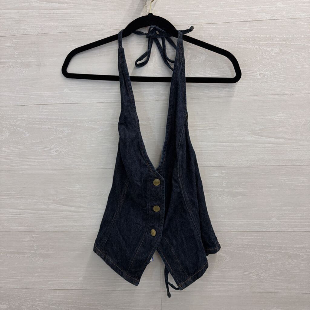 American Eagle Dark Wash Denim Halter Neck Open Back Top Large