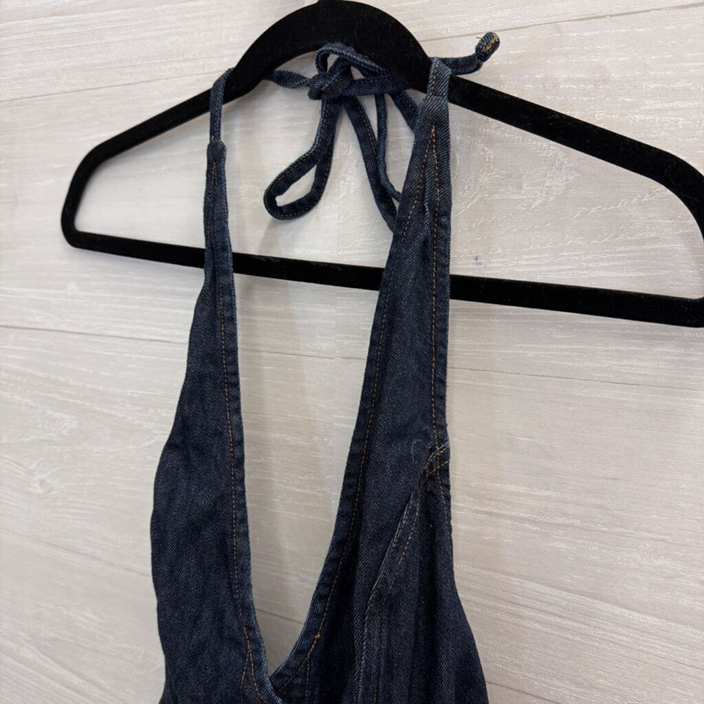 American Eagle Dark Wash Denim Halter Neck Open Back Top Large