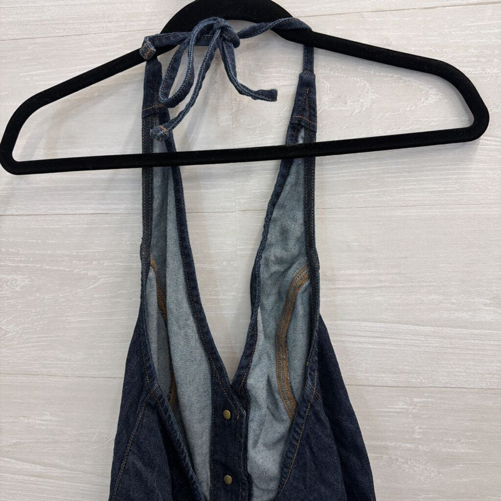 American Eagle Dark Wash Denim Halter Neck Open Back Top Large
