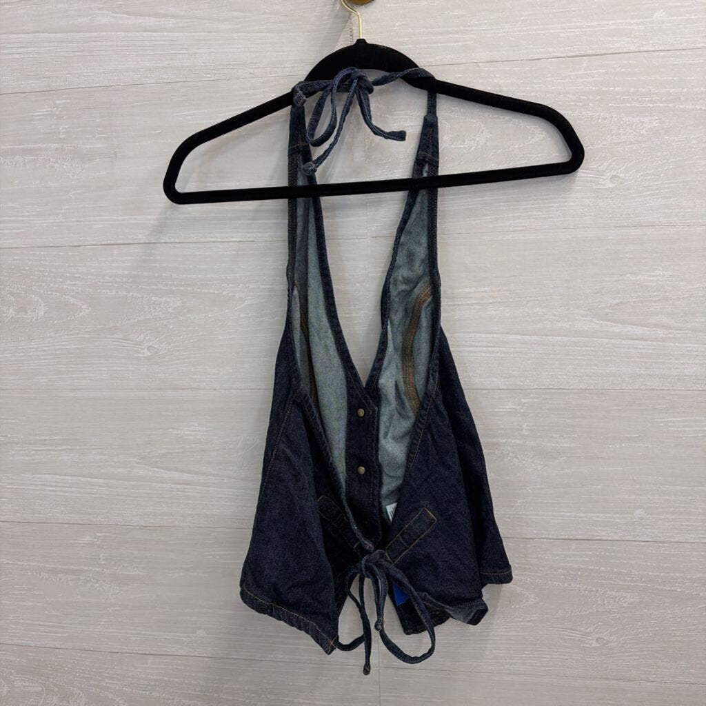 American Eagle Dark Wash Denim Halter Neck Open Back Top Large