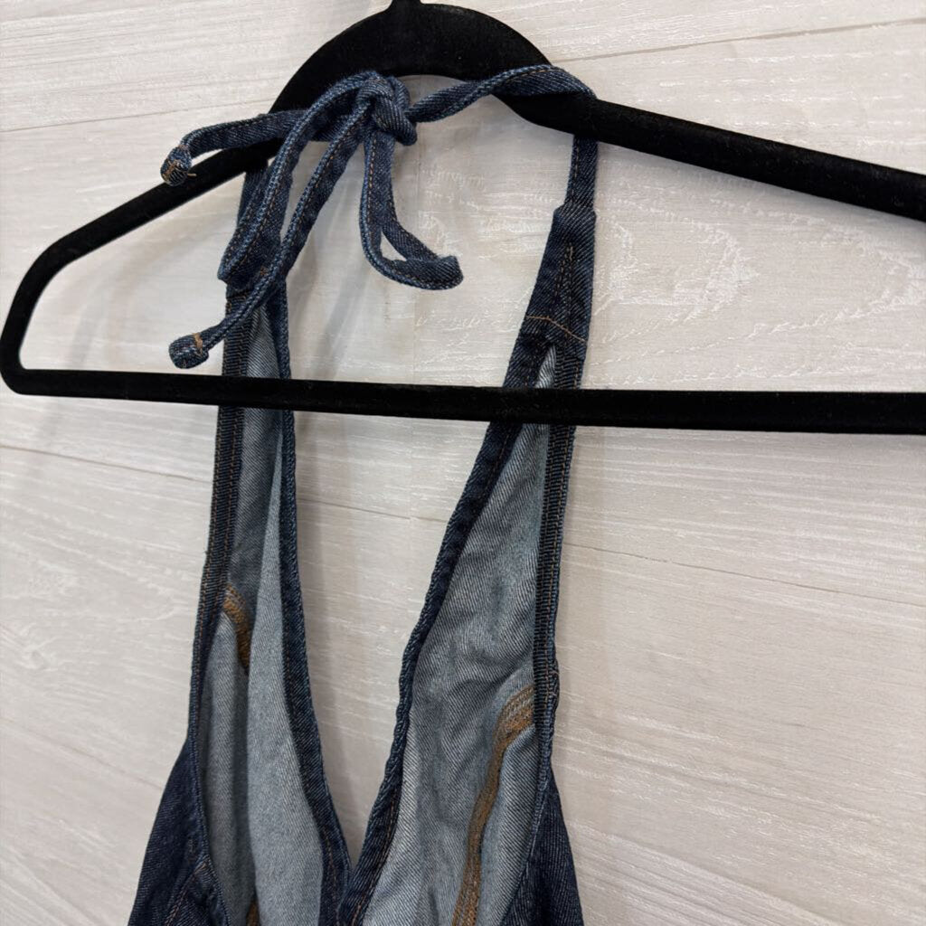 American Eagle Dark Wash Denim Halter Neck Open Back Top Large