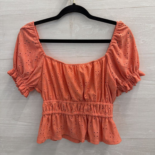 Altar'd State Orange Eyelet Cropped Short Puff Sleeve Top Large
