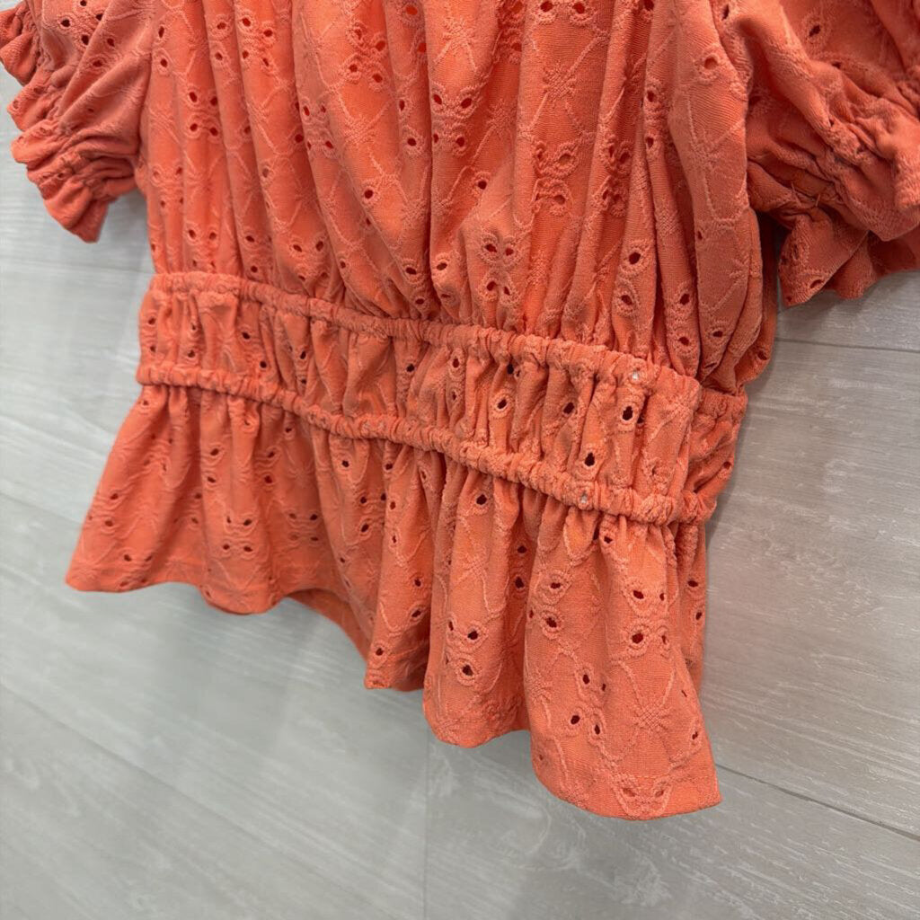 Altar'd State Orange Eyelet Cropped Short Puff Sleeve Top Large