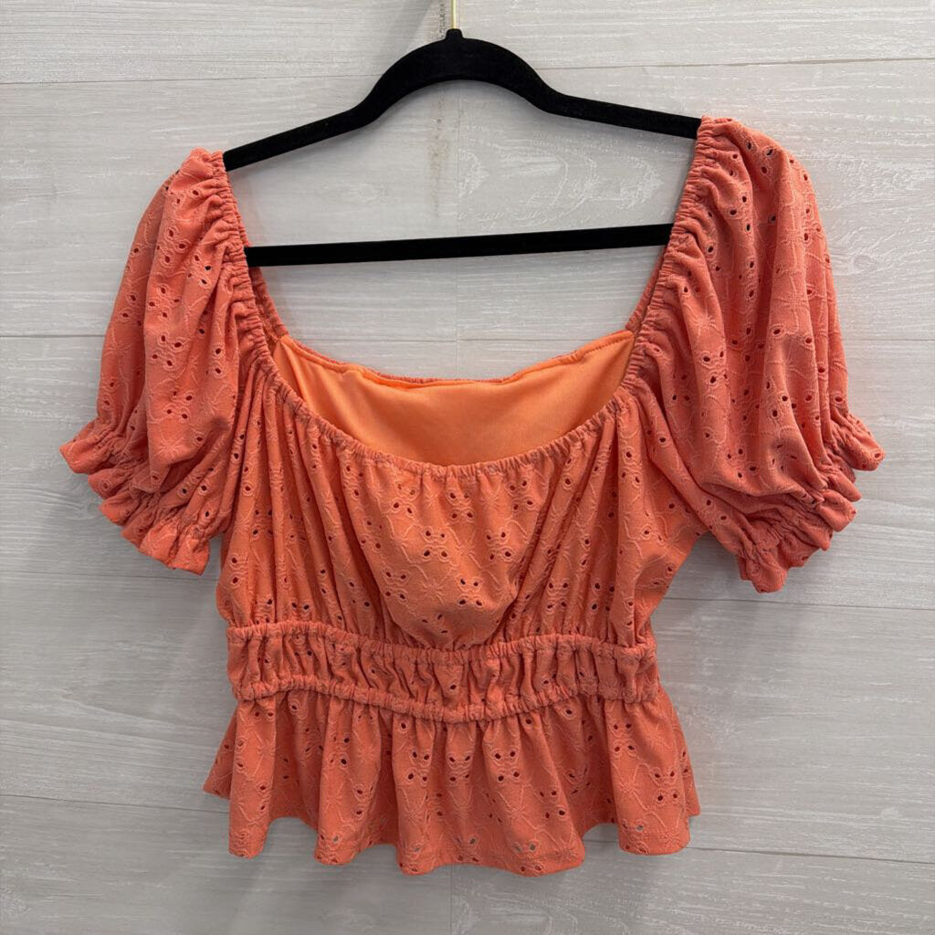 Altar'd State Orange Eyelet Cropped Short Puff Sleeve Top Large