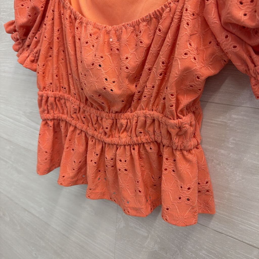 Altar'd State Orange Eyelet Cropped Short Puff Sleeve Top Large