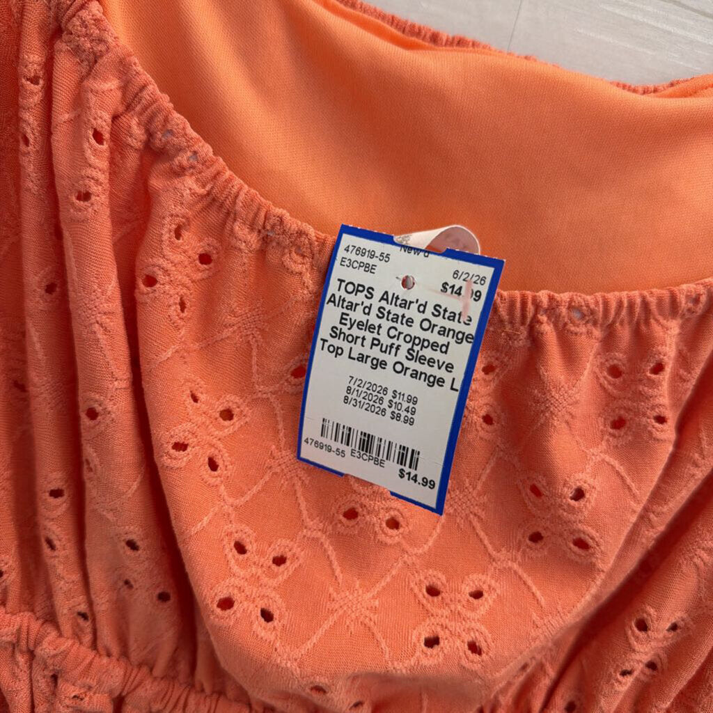Altar'd State Orange Eyelet Cropped Short Puff Sleeve Top Large