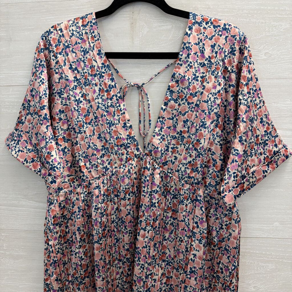 Lulus Pink/ Multi Foral Print Silky Short Sleeve Babydoll Dress Large
