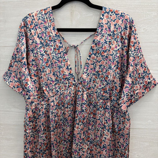 Lulus Pink/ Multi Foral Print Silky Short Sleeve Babydoll Dress Large