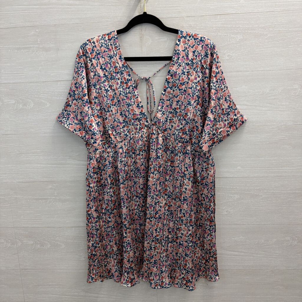 Lulus Pink/ Multi Foral Print Silky Short Sleeve Babydoll Dress Large