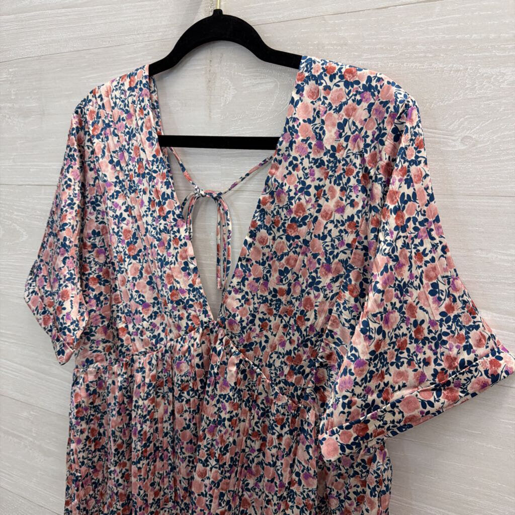 Lulus Pink/ Multi Foral Print Silky Short Sleeve Babydoll Dress Large