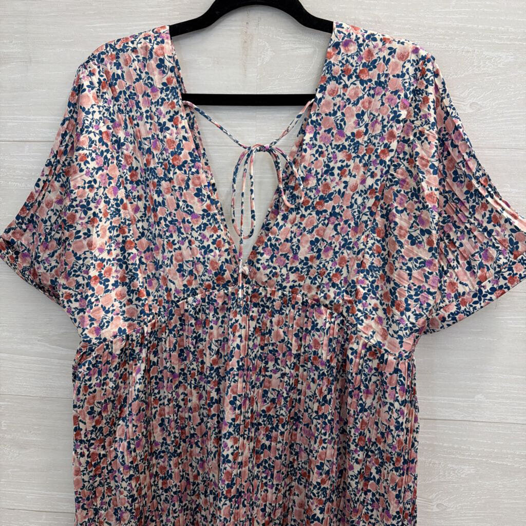 Lulus Pink/ Multi Foral Print Silky Short Sleeve Babydoll Dress Large