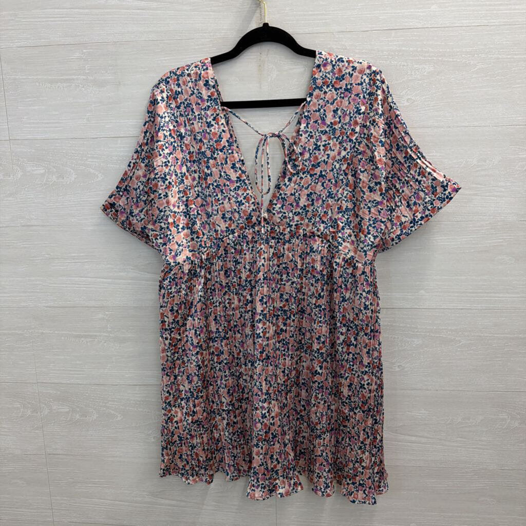 Lulus Pink/ Multi Foral Print Silky Short Sleeve Babydoll Dress Large