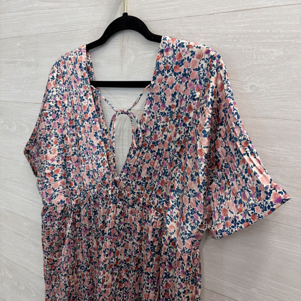 Lulus Pink/ Multi Foral Print Silky Short Sleeve Babydoll Dress Large