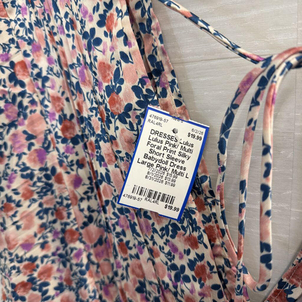 Lulus Pink/ Multi Foral Print Silky Short Sleeve Babydoll Dress Large