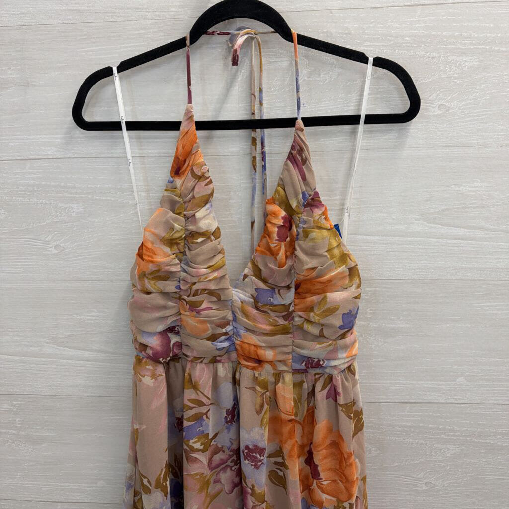 Lulus Beige/ Multi Floral Print Halter Neck Midi Dress Large