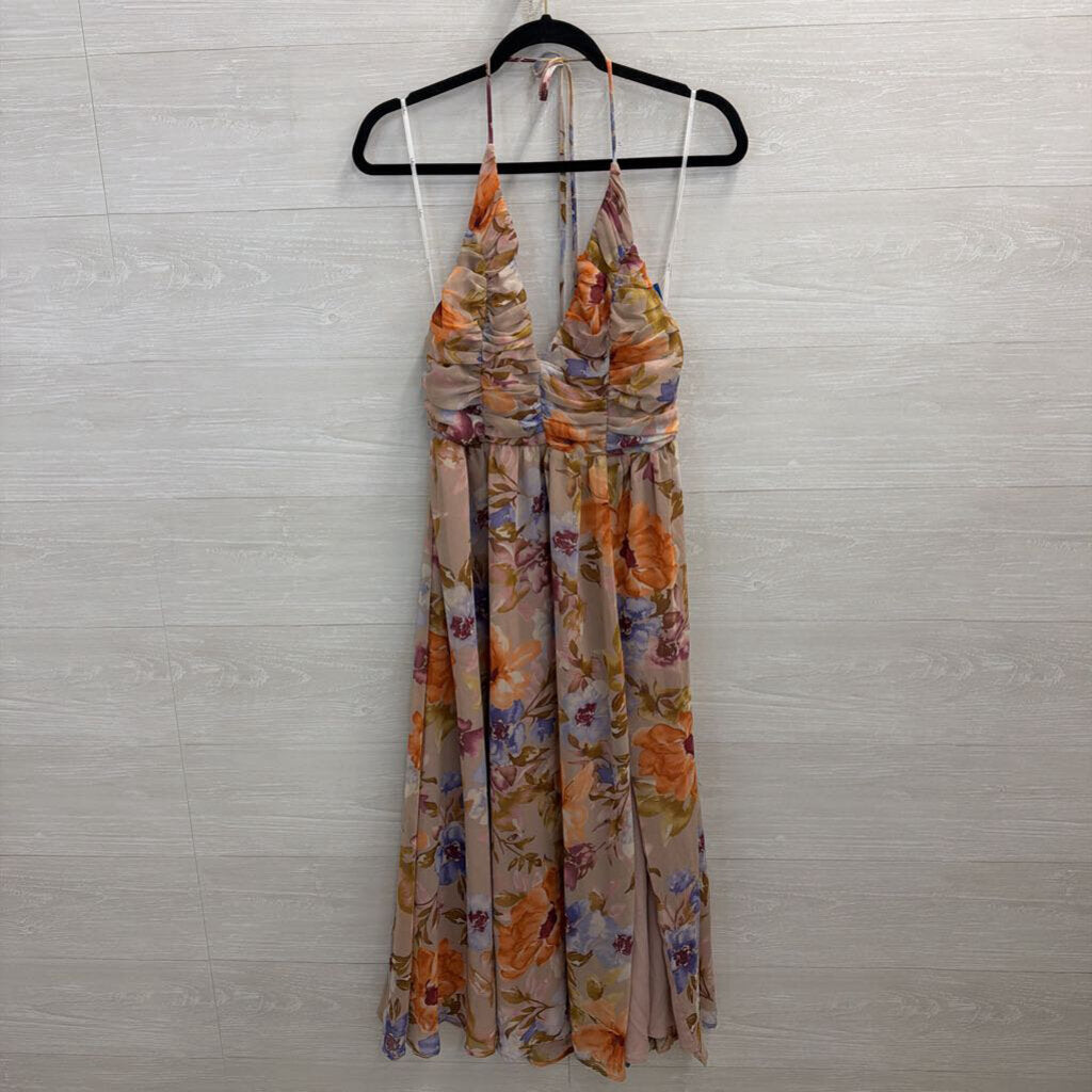 Lulus Beige/ Multi Floral Print Halter Neck Midi Dress Large