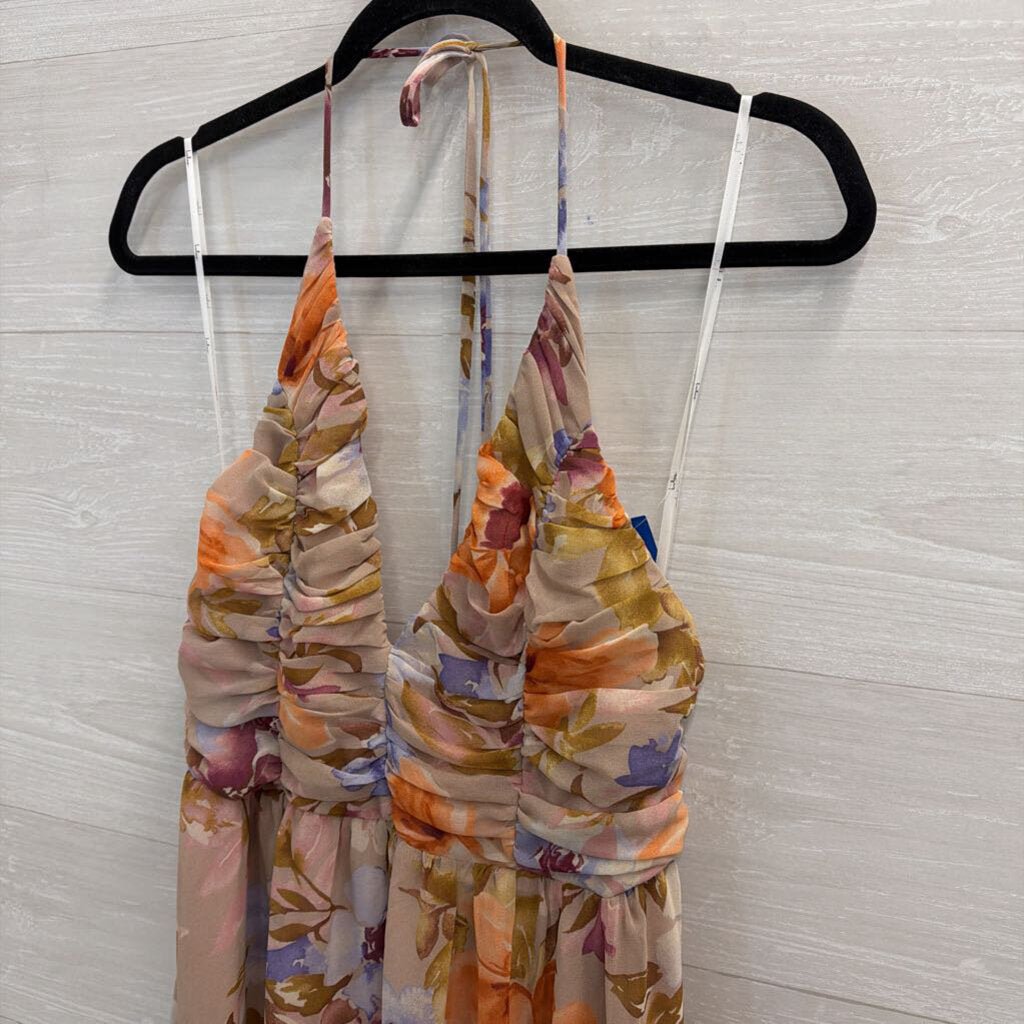 Lulus Beige/ Multi Floral Print Halter Neck Midi Dress Large