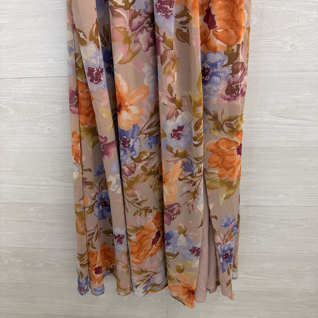 Lulus Beige/ Multi Floral Print Halter Neck Midi Dress Large