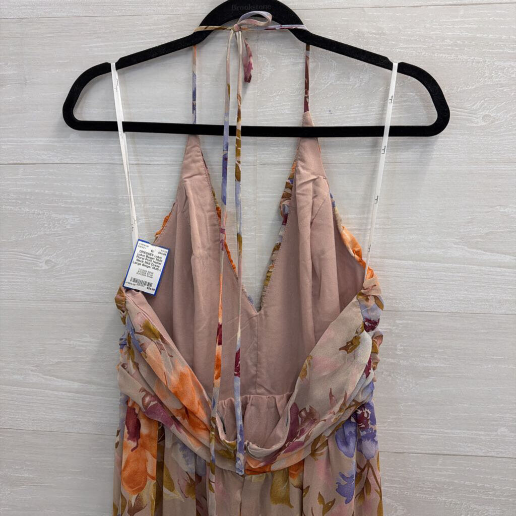 Lulus Beige/ Multi Floral Print Halter Neck Midi Dress Large