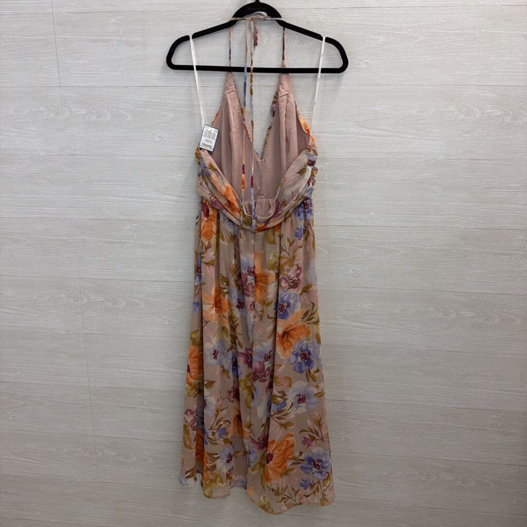 Lulus Beige/ Multi Floral Print Halter Neck Midi Dress Large