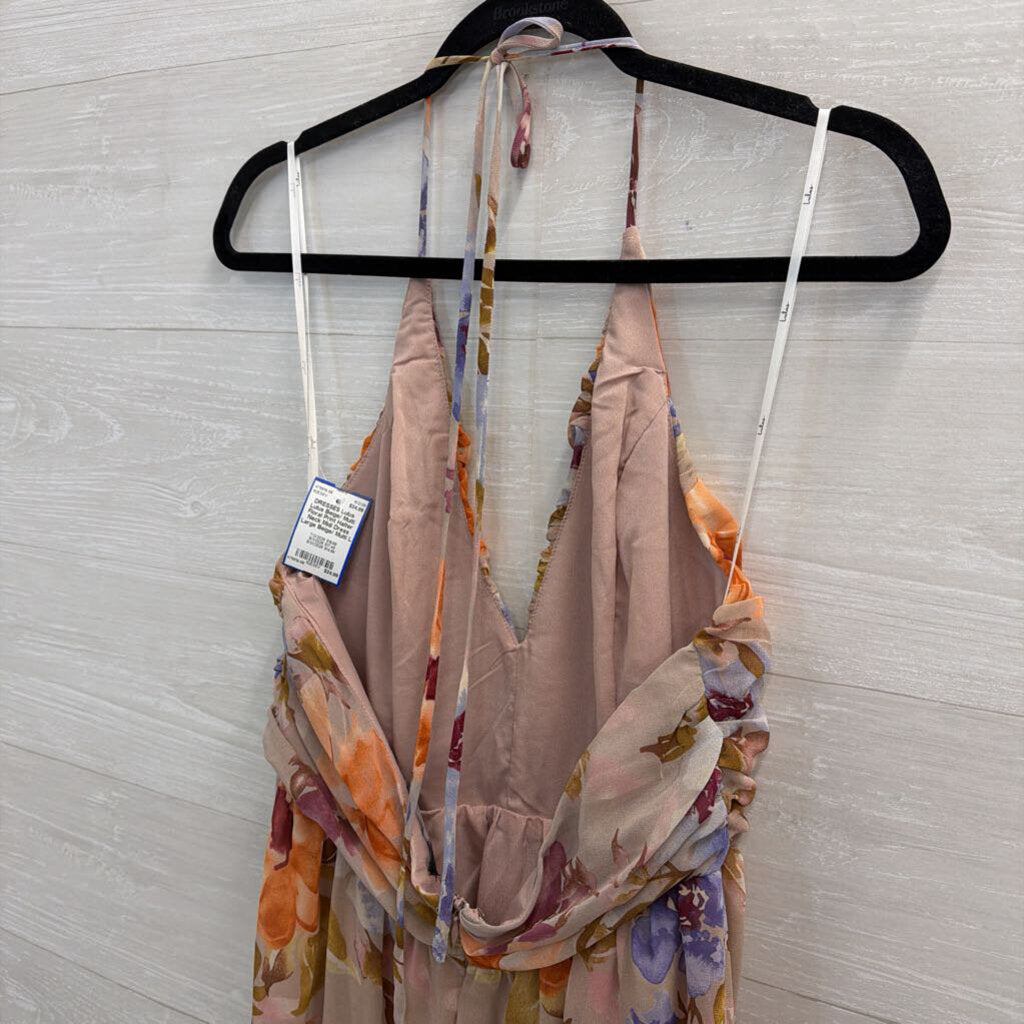 Lulus Beige/ Multi Floral Print Halter Neck Midi Dress Large