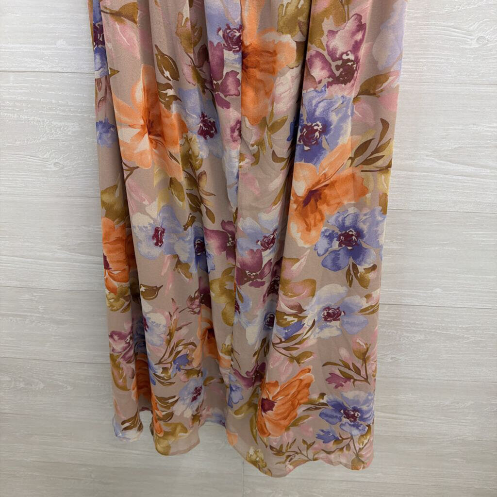 Lulus Beige/ Multi Floral Print Halter Neck Midi Dress Large