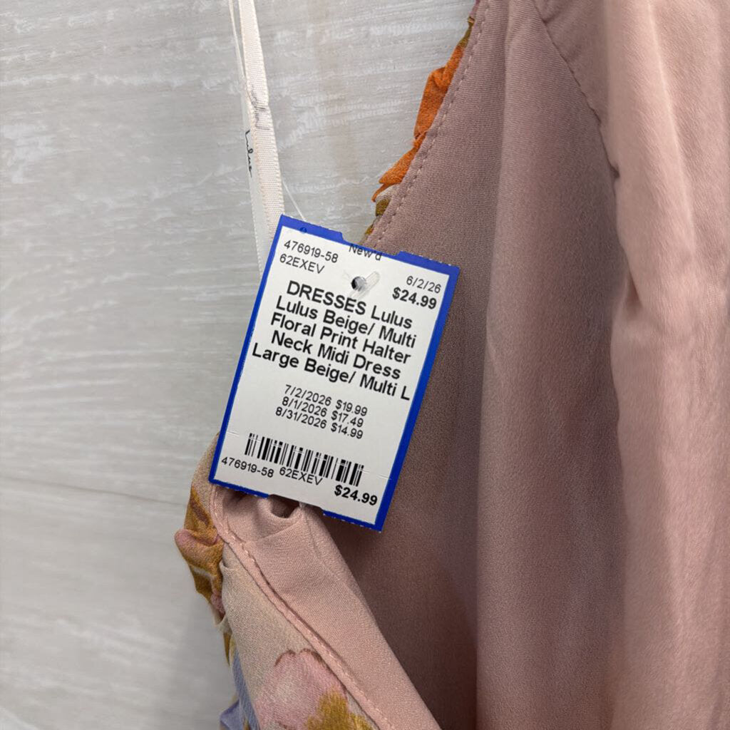 Lulus Beige/ Multi Floral Print Halter Neck Midi Dress Large