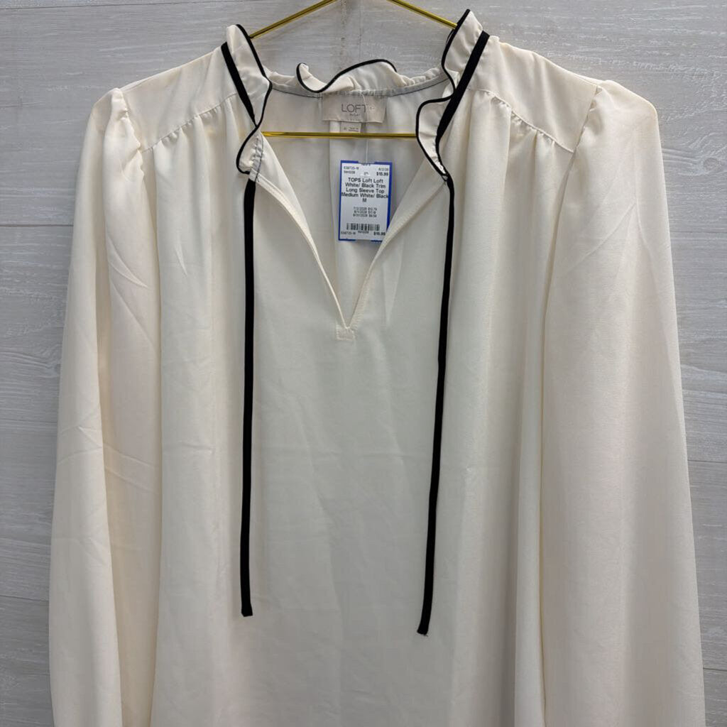 Loft White/ Black Trim Long Sleeve Top Medium