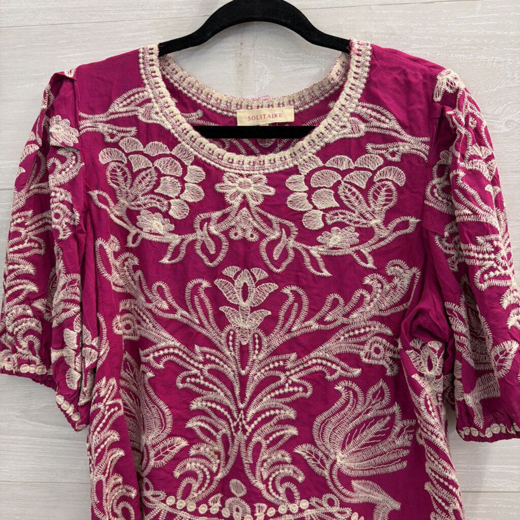 Solitaire Purple/ Cream Embroidered Print Boxy Top Medium