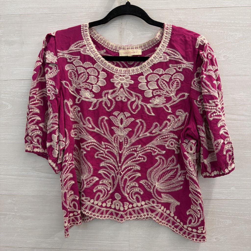 Solitaire Purple/ Cream Embroidered Print Boxy Top Medium