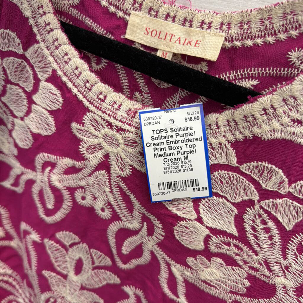 Solitaire Purple/ Cream Embroidered Print Boxy Top Medium