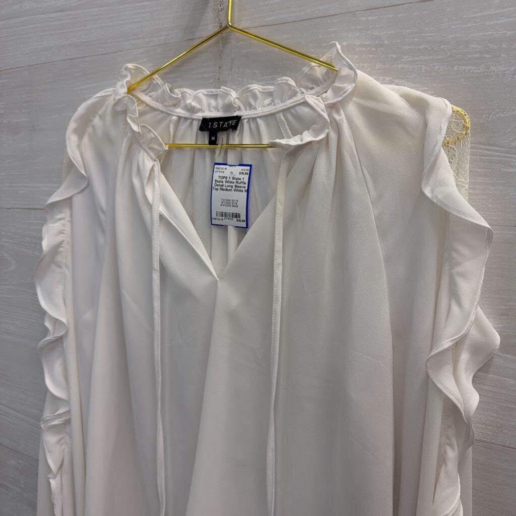 1 State White Ruffle Detail Long Sleeve Top Medium
