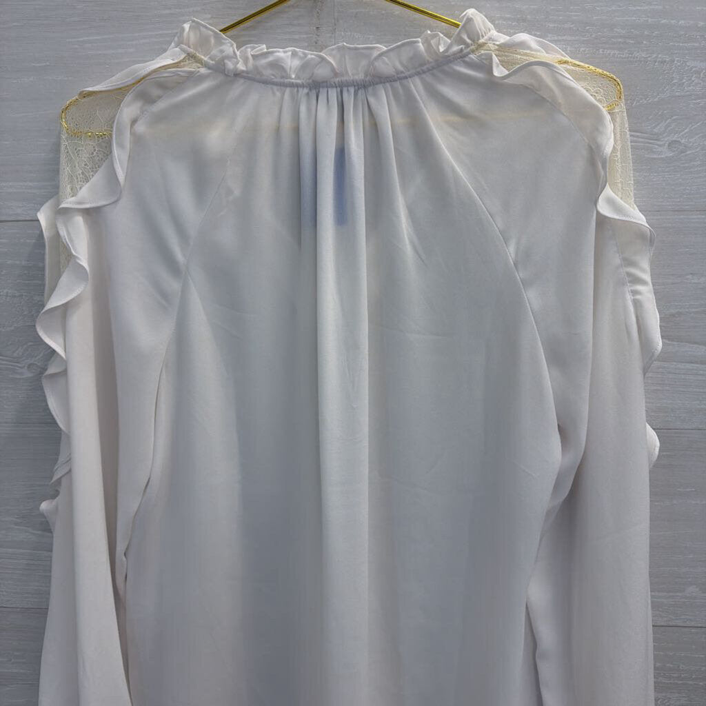 1 State White Ruffle Detail Long Sleeve Top Medium