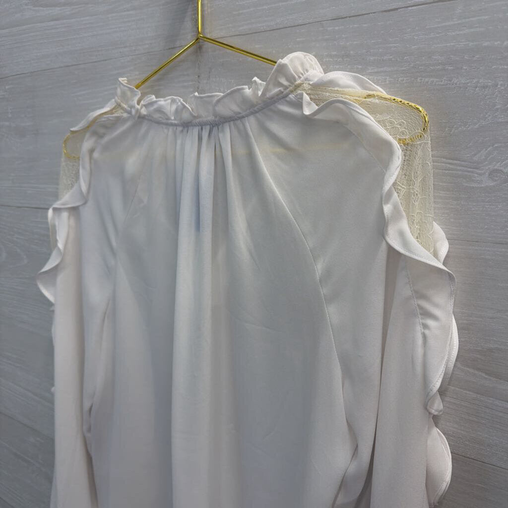 1 State White Ruffle Detail Long Sleeve Top Medium