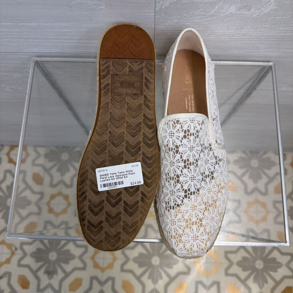 Toms White Floral Lace Alpargata Rope Loafers 8.5