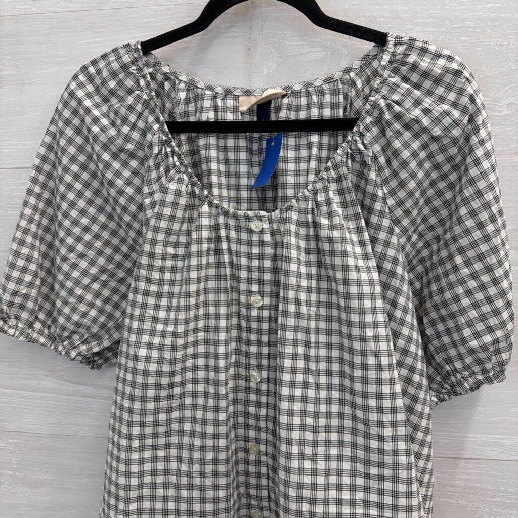 White/ Black Plaid Short Puff Sleeve Top Large