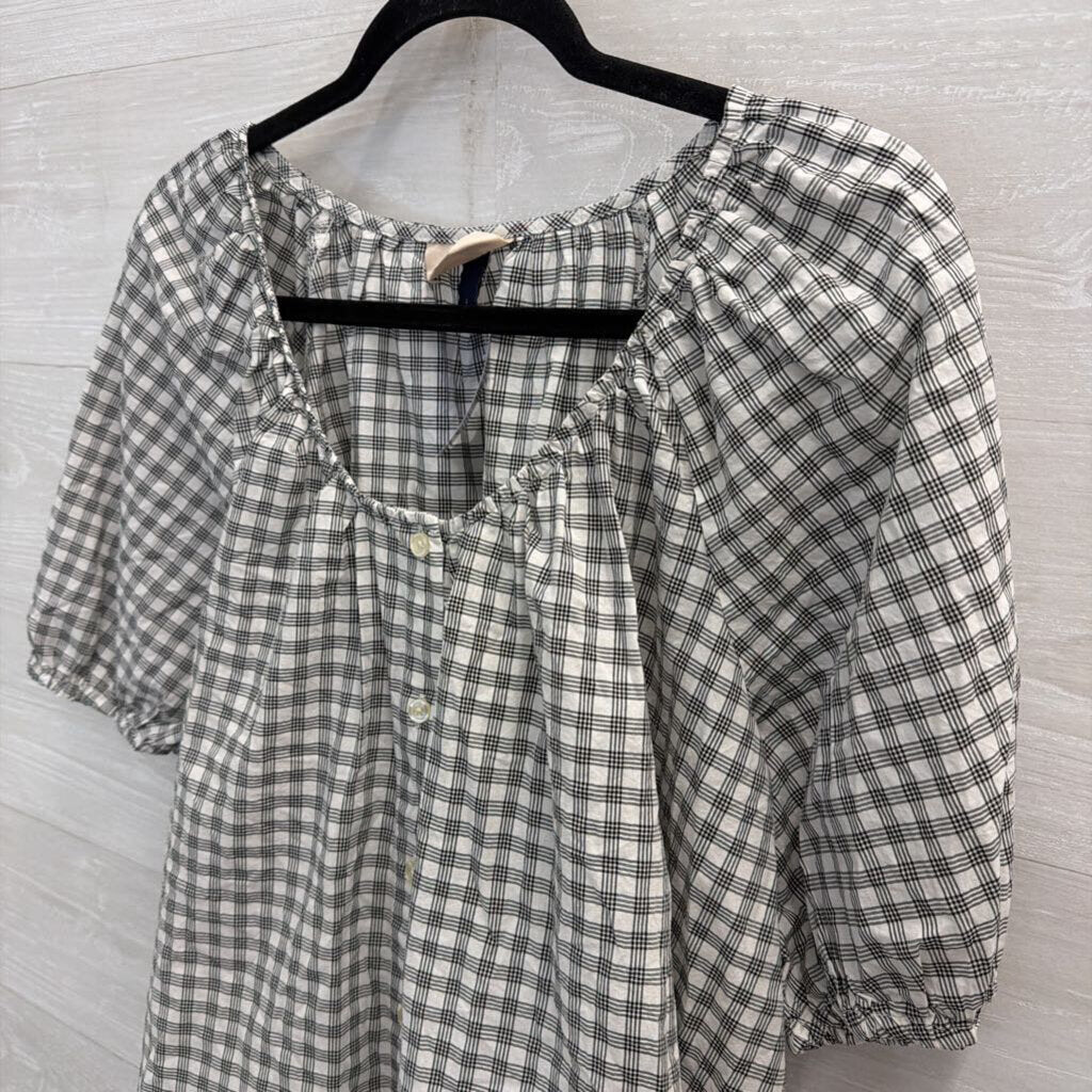 White/ Black Plaid Short Puff Sleeve Top Large