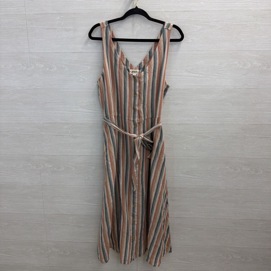 Pact Beige/ Multi Striped Button Front Midi Dress Large