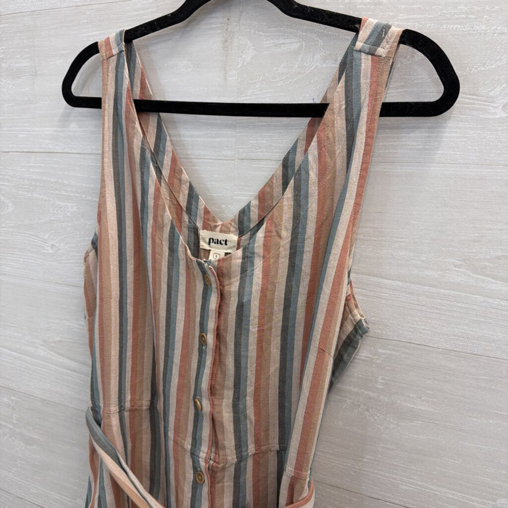 Pact Beige/ Multi Striped Button Front Midi Dress Large