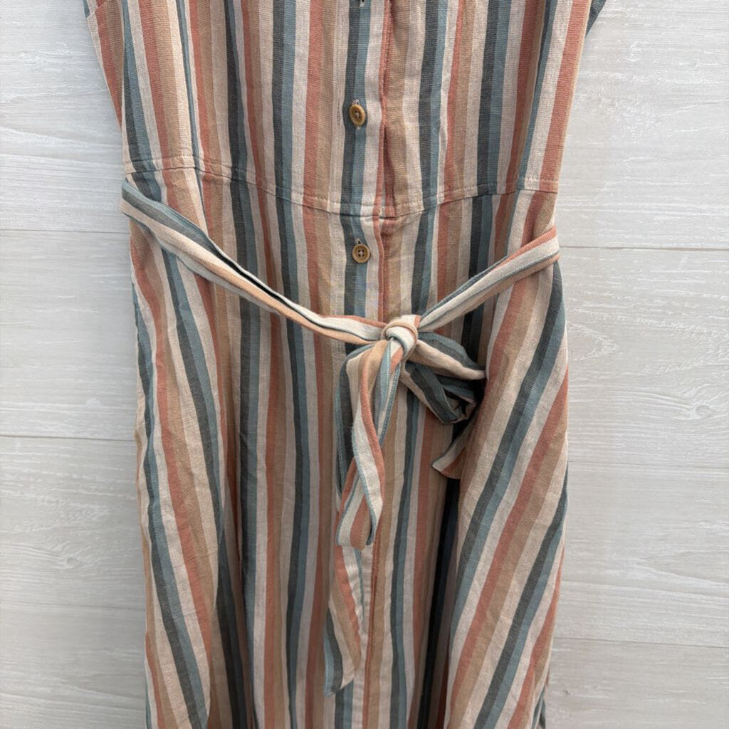 Pact Beige/ Multi Striped Button Front Midi Dress Large