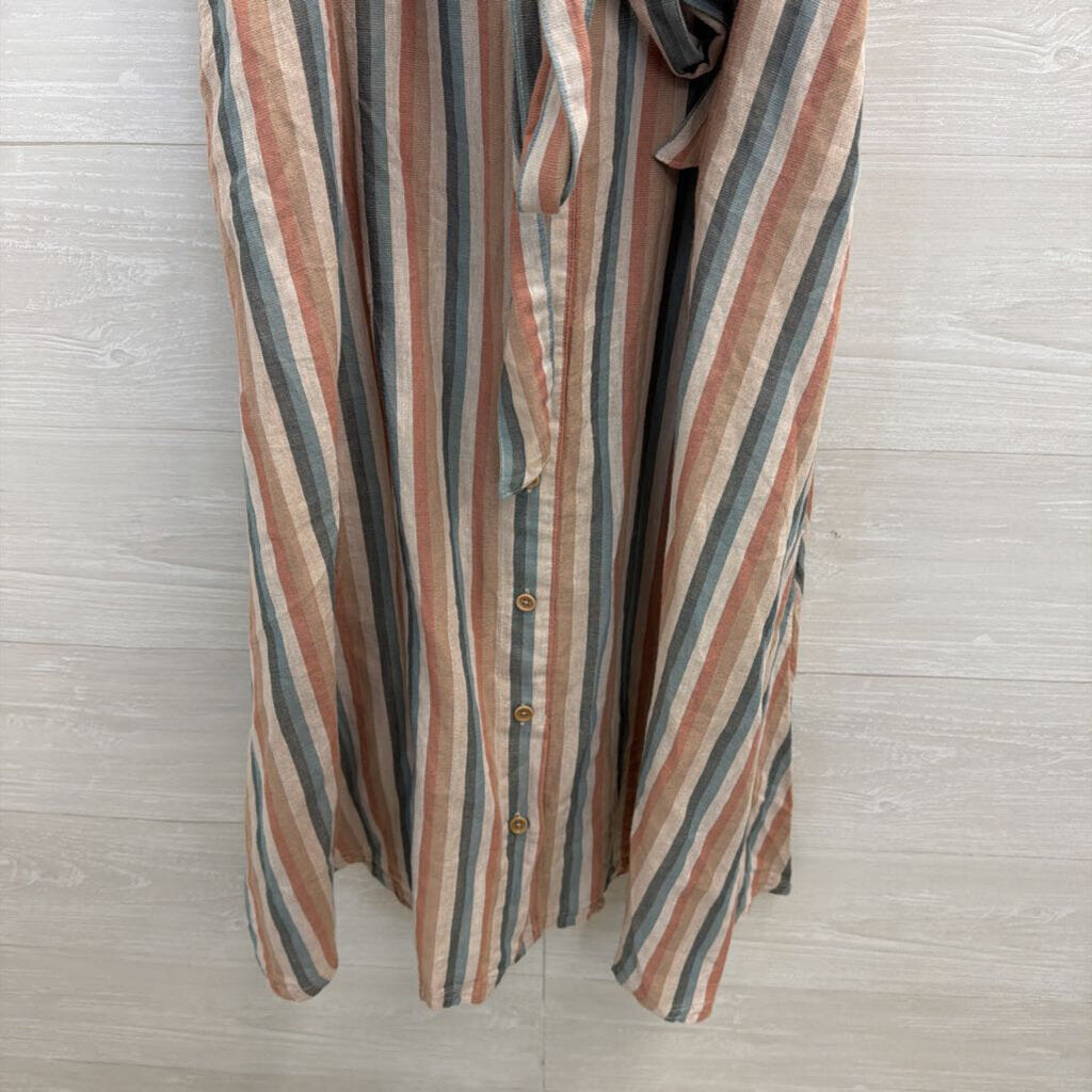 Pact Beige/ Multi Striped Button Front Midi Dress Large