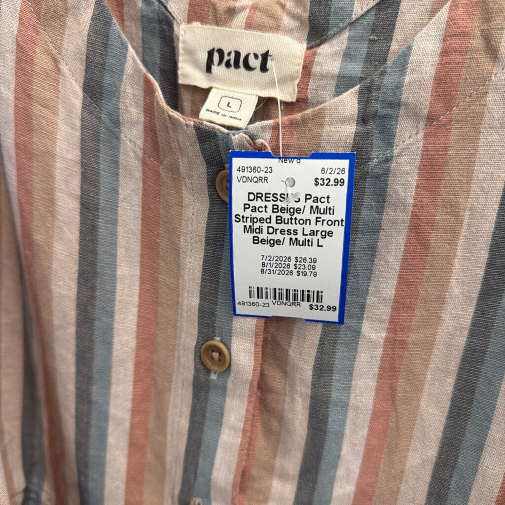 Pact Beige/ Multi Striped Button Front Midi Dress Large