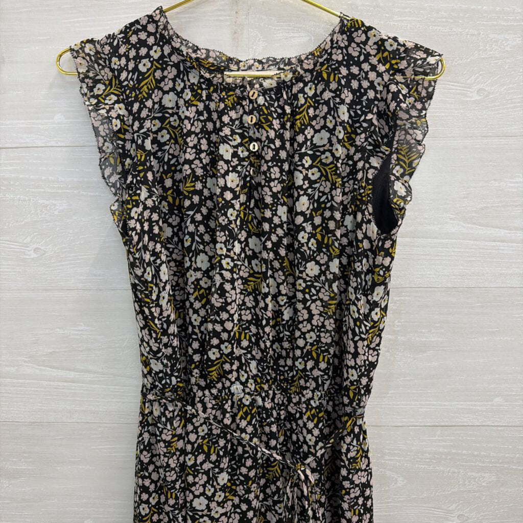 Loft Black/ Multi Floral Print Tie Waist Dress Medium
