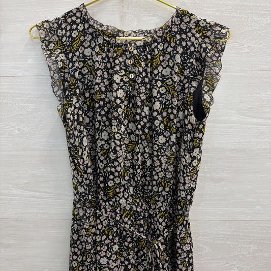 Loft Black/ Multi Floral Print Tie Waist Dress Medium