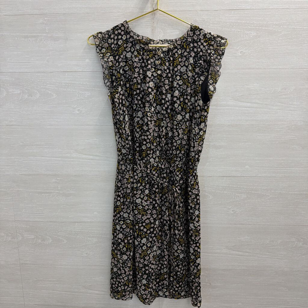 Loft Black/ Multi Floral Print Tie Waist Dress Medium