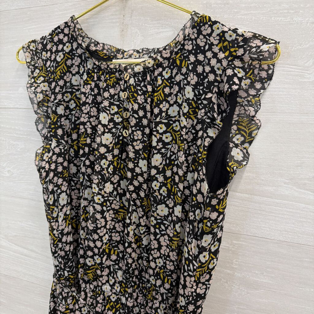 Loft Black/ Multi Floral Print Tie Waist Dress Medium