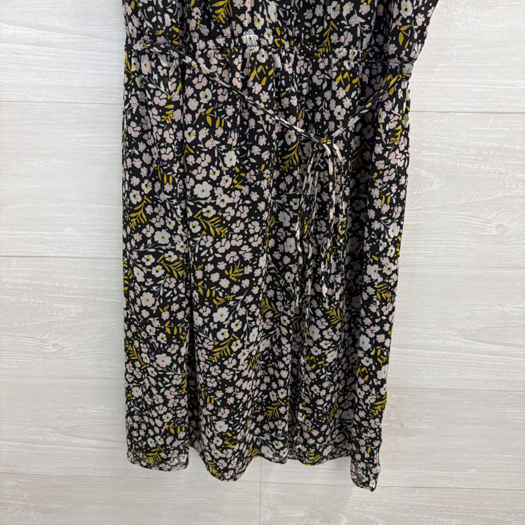 Loft Black/ Multi Floral Print Tie Waist Dress Medium