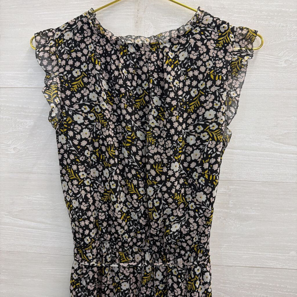 Loft Black/ Multi Floral Print Tie Waist Dress Medium