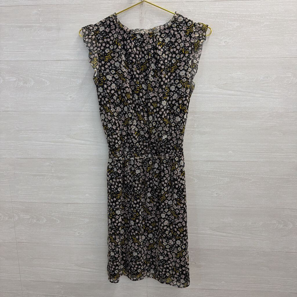 Loft Black/ Multi Floral Print Tie Waist Dress Medium